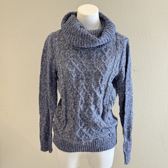 Westport Sweaters - New Westport 1962 Denim Blue Cotton Acrylic Beaded Funnel Neck Sweater Sz Small